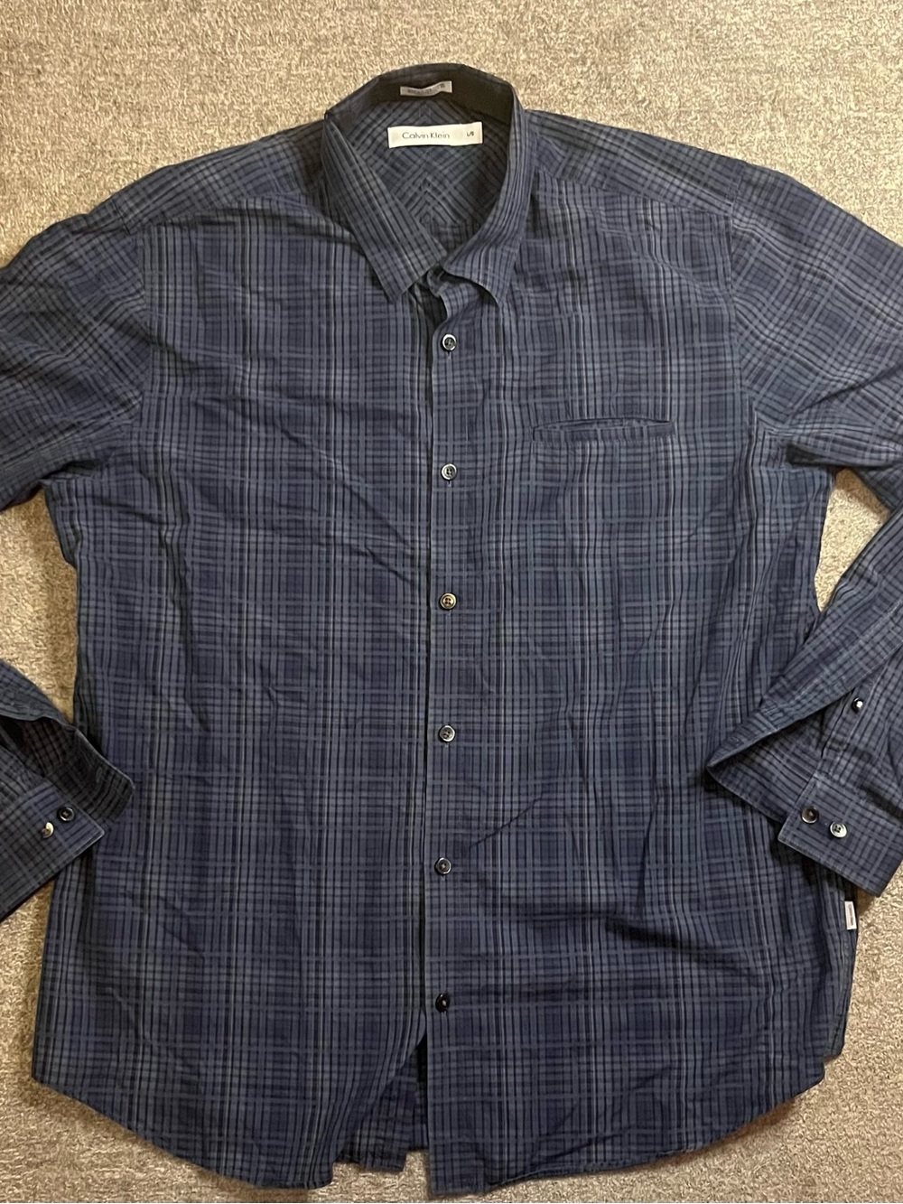 Calvin Klein Men's Dark Navy Plaid Button-Down Shirt Size L preppy C1-60